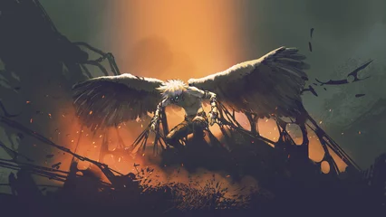 Foto op Plexiglas illustratie schilderij van de man die zijn vleugels spreidt, digitale kunststijl © grandfailure
