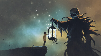 Fille tendant une lanterne à l& 39 observateur, style d& 39 art numérique, peinture d& 39 illustration