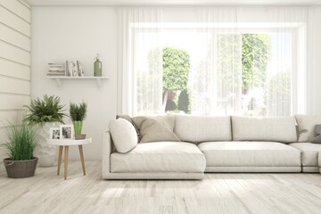 White living room with sofa and summer landscape in window. Scandinavian interior design. 3D illustration