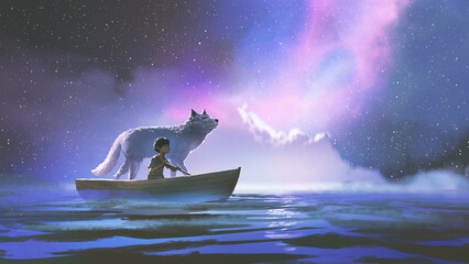 Jongen die een boot roeit met zijn wolf tussen de sterren aan de nachtelijke hemel, digitale kunststijl, illustratie, schilderkunst