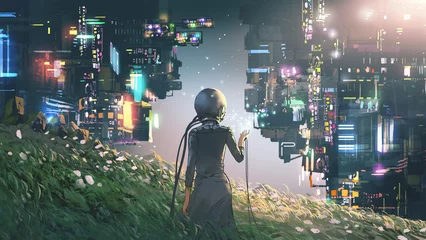  Woman wearing a futuristic helmet standing in a virtual world, digital art style, illustration painting © grandfailure