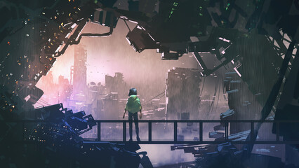 Garçon sur le pont regardant la ville dystopique à l& 39 extérieur, style d& 39 art numérique, peinture d& 39 illustration