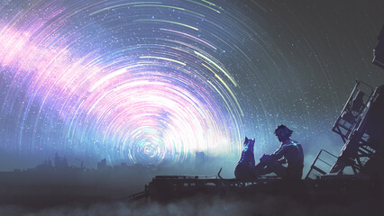 man en zijn huisdier in futuristisch pak situeren en kijken naar het sterrenspoor in de lucht, digitale kunststijl, illustratie, schilderkunst