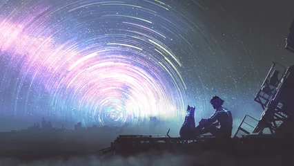 Tuinposter man en zijn huisdier in futuristisch pak situeren en kijken naar het sterrenspoor in de lucht, digitale kunststijl, illustratie, schilderkunst © grandfailure