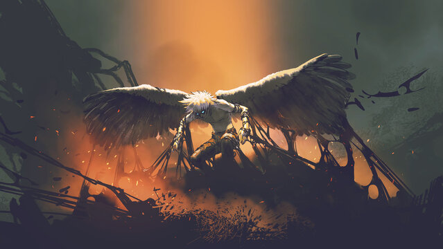 Fototapeta illustration painting of the man spreading his wings, digital art style