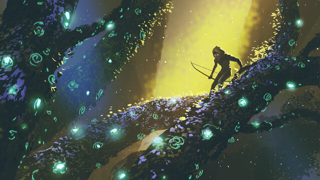Archer standing on a tree in the fantasy forest, digital art style, illustration painting