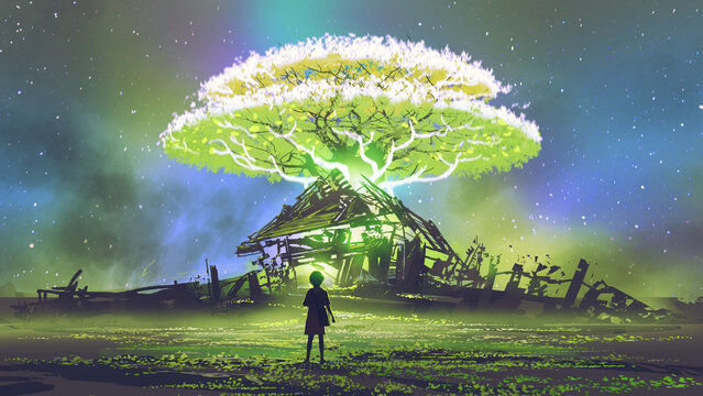 girl looking at the glowing tree formed by the ruins of the house, digital art style, illustration painting