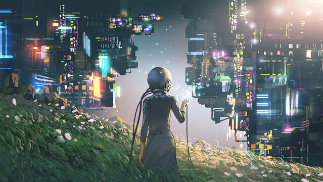 Woman wearing a futuristic helmet standing in a virtual world, digital art style, illustration painting