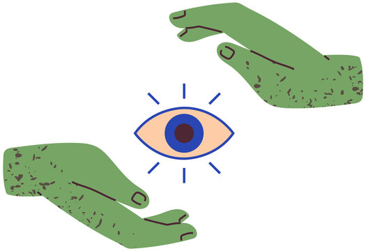 Hands open around masonic symbol. Religion, spirituality, occultism sign. All-seeing eye, or radiant delta between palms. Symbol of culture, faith vector illustration. Open eye levitates among hands