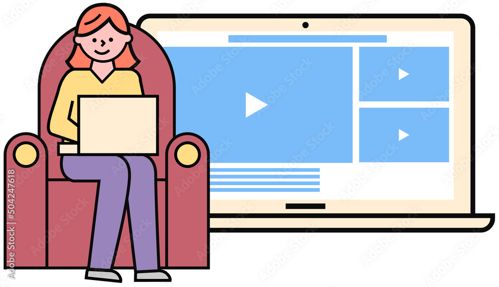 Poster girl with laptop turns on player to view lesson or video. woman using website for watching movie. fe