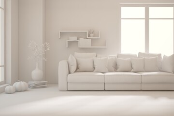 Mock up of stylish room in white color with sofa. Scandinavian interior design. 3D illustration