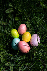 Pile of Rainbow Pastel Easter Eggs in the Grass 