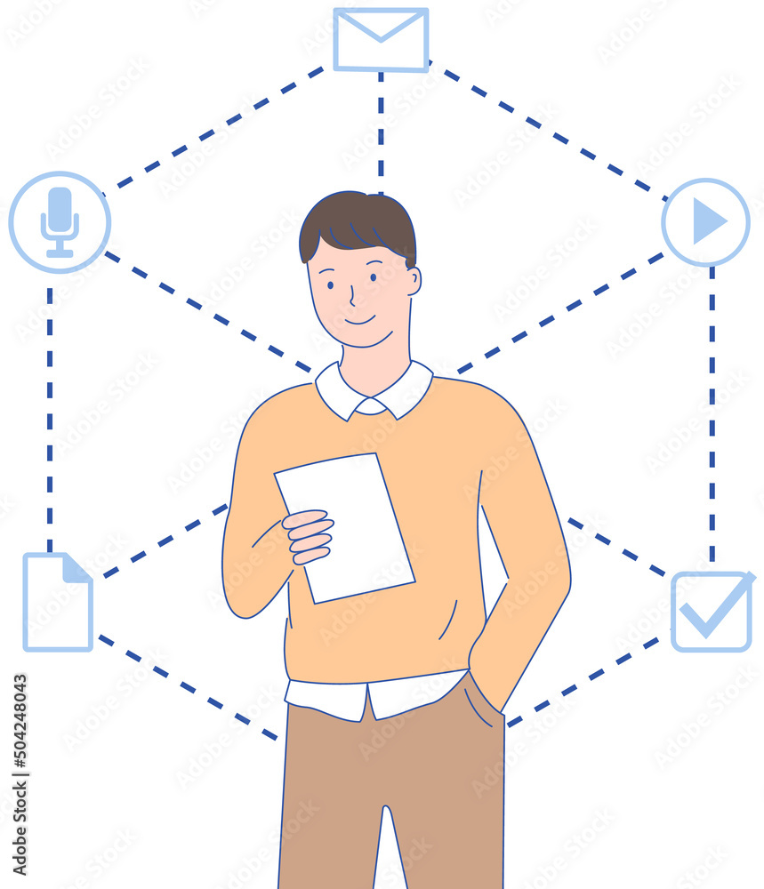Poster sharing data and news in social media. virtual network symbol for internet user. man using worldwide