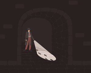 A detective with a flashlight in the arch of the house. Searching for footprints in the dark. The concept of crime investigation. Dark background. Flat vector illustration. - obrazy, fototapety, plakaty