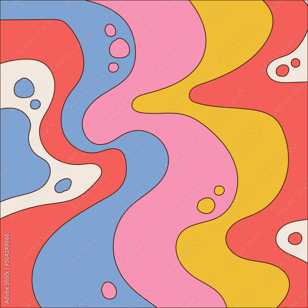 Poster psychedelic groovy wave background withliquid curls and drops. vector hand drawn illustration with l