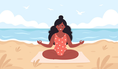 Fototapeta na wymiar Black woman meditating on beach. Hello summer, summer leisure, vacation. Healthy lifestyle, self care, yoga, meditation. Hand drawn vector illustration