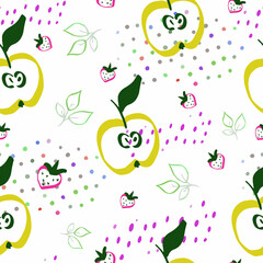 Hand drawn cute seamless pattern fruits, apple, strawberry and color dots on white background. Vector illustration. Hand drawn doodle fruit pattern background