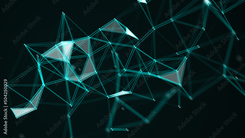 Poster glitch network connection technology. abstract green background with points, lines and triangles. di