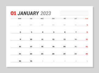 Calendar page for January 2023. Monthly planner. Stationery design. Week starts on Monday.