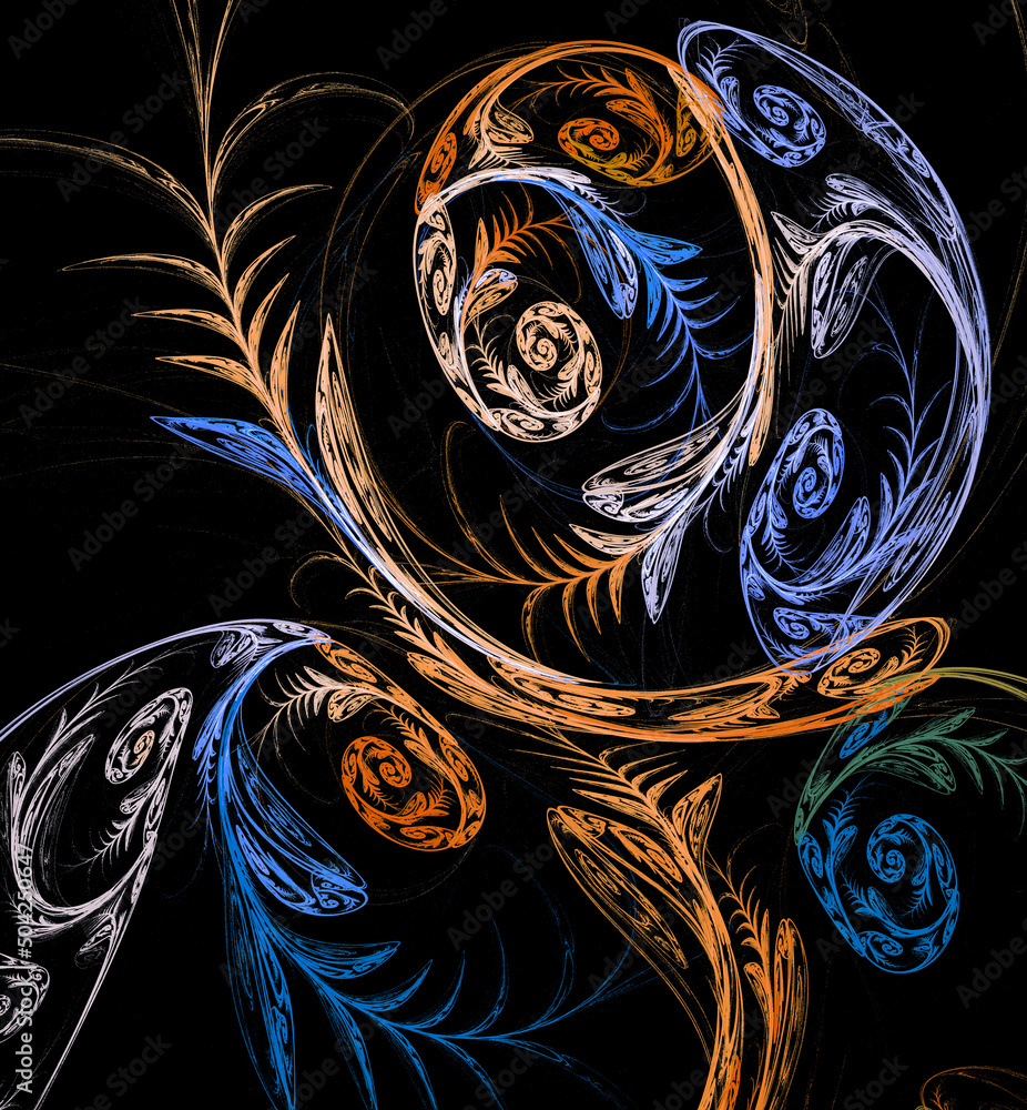 Poster colorful pattern of abstract leaves and spirals on a black background. abstract fractal background. 