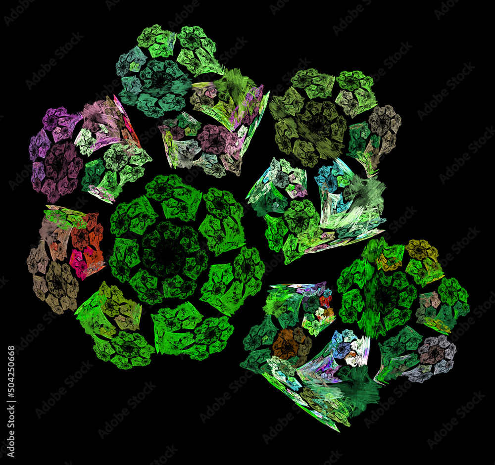 Aufkleber green spirals with multi-colored inserts create a pattern on a black background. abstract fractal ba
