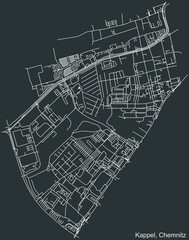Detailed negative navigation white lines urban street roads map of the KAPPEL DISTRICT of the German regional capital city of Chemnitz, Germany on dark gray background