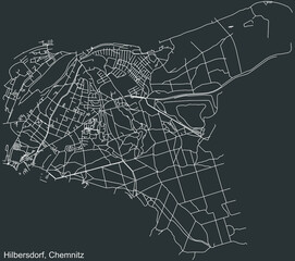 Detailed negative navigation white lines urban street roads map of the HILBERSDORF DISTRICT of the German regional capital city of Chemnitz, Germany on dark gray background