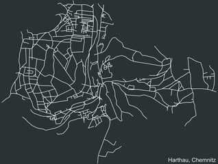 Detailed negative navigation white lines urban street roads map of the HARTHAU DISTRICT of the German regional capital city of Chemnitz, Germany on dark gray background