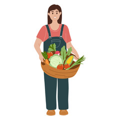 Vector illustration of young woman holding basket with vegetables. Farmer girl enjoy gardering in flat hand drawn style isolated on white background