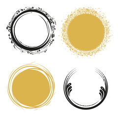 Set of hand drawn circle scribbles with floral elements and dots. Vector design elements.