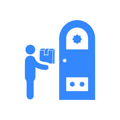 Delivery, deliveryman, door icon. Blue vector sketch.
