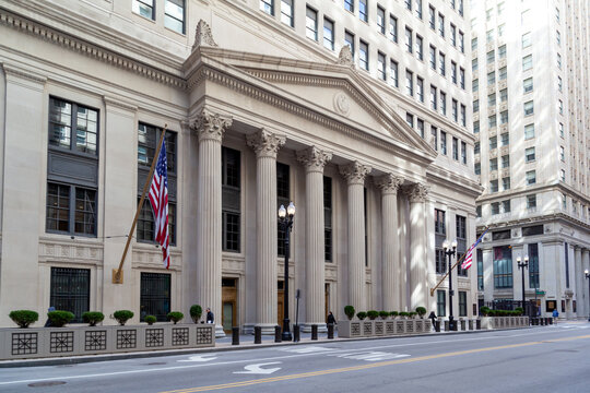 Chicago, Illinois, USA - March 28, 2022: Federal Reserve Bank of Chicago building is shown, Illinois, USA. The Federal Reserve Bank of Chicago is one of twelve regional Reserve Banks. 
