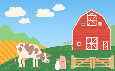 Farm with cow flat design vector illustration