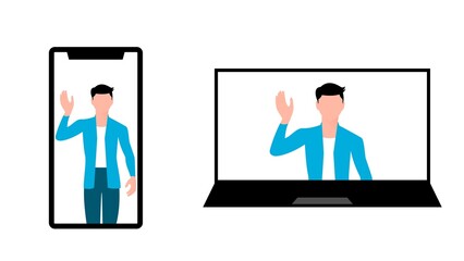 man waving hand from phone and laptop, business character vector illustration on white background.