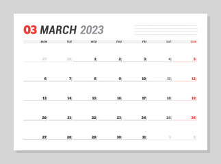 Calendar page for March 2023. Monthly planner. Stationery design. Week starts on Monday.
