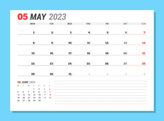Calendar page for May 2023. Monthly planner. Stationery design. Week starts on Monday.