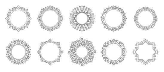 Set of decorative frames Elegant vector element for design in Eastern style, place for text. Floral gray and white borders. Lace illustration for invitations and greeting cards