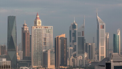 Fototapeta na wymiar Rows of skyscrapers in financial district of Dubai aerial timelapse.