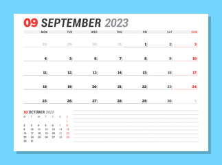 Calendar page for September 2023. Monthly planner. Stationery design. Week starts on Monday.