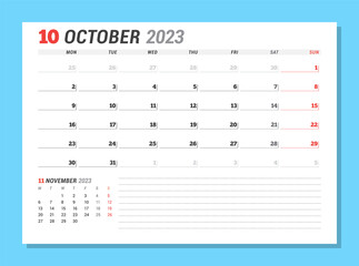 Calendar page for October 2023. Monthly planner. Stationery design. Week starts on Monday.