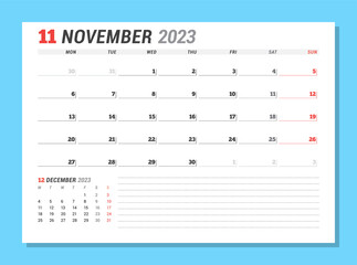 Calendar page for November 2023. Monthly planner. Stationery design. Week starts on Monday.