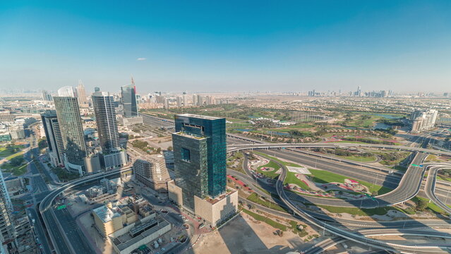 Aerial view of media city and al barsha heights district area timelapse from Dubai marina.