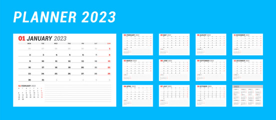Calendar set for 2023 year. Stationery design. Week starts on Monday.