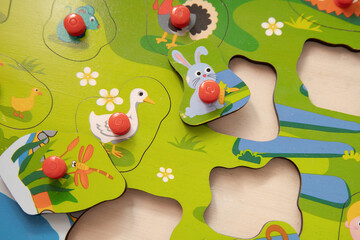 Obraz na płótnie Canvas Children's toys. Puzzle with animals. A child's wooden shape sorter. Logic game for kids. Happy child and fun Games. 