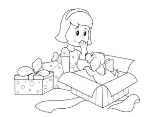 A girl opens a gift, a puppy in a gift box. Vector, page for printable children coloring book.