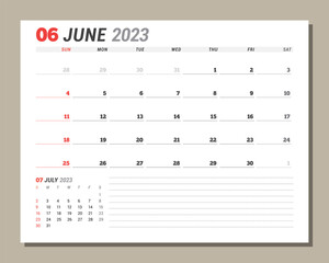 Calendar page for June 2023. Monthly planner. Stationery design. Week starts on Sunday.