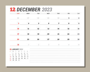 Calendar page for December 2023. Monthly planner. Stationery design. Week starts on Sunday.