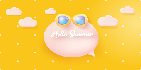 hello summer abstract concept horizontal banner with sunglasses on orange background.Vector 3d clay style horizontal hello summer scene