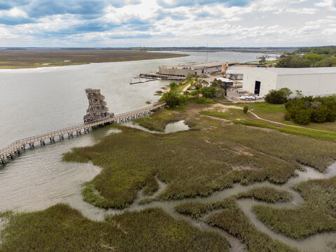 Aerial view of Port Royal, South Carolina waterfront and boardwalk.