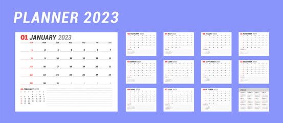 Calendar set for 2023 year. Stationery design. Week starts on Sunday.